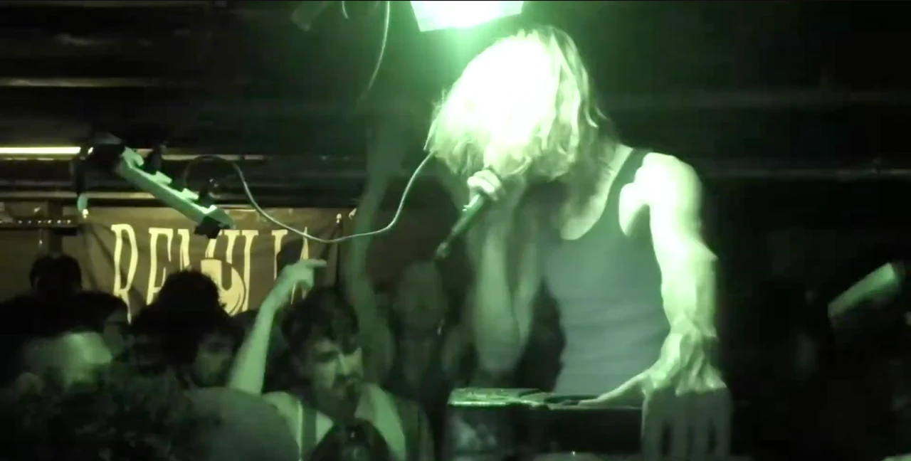 Performer singing into a microphone at a crowded indoor show.