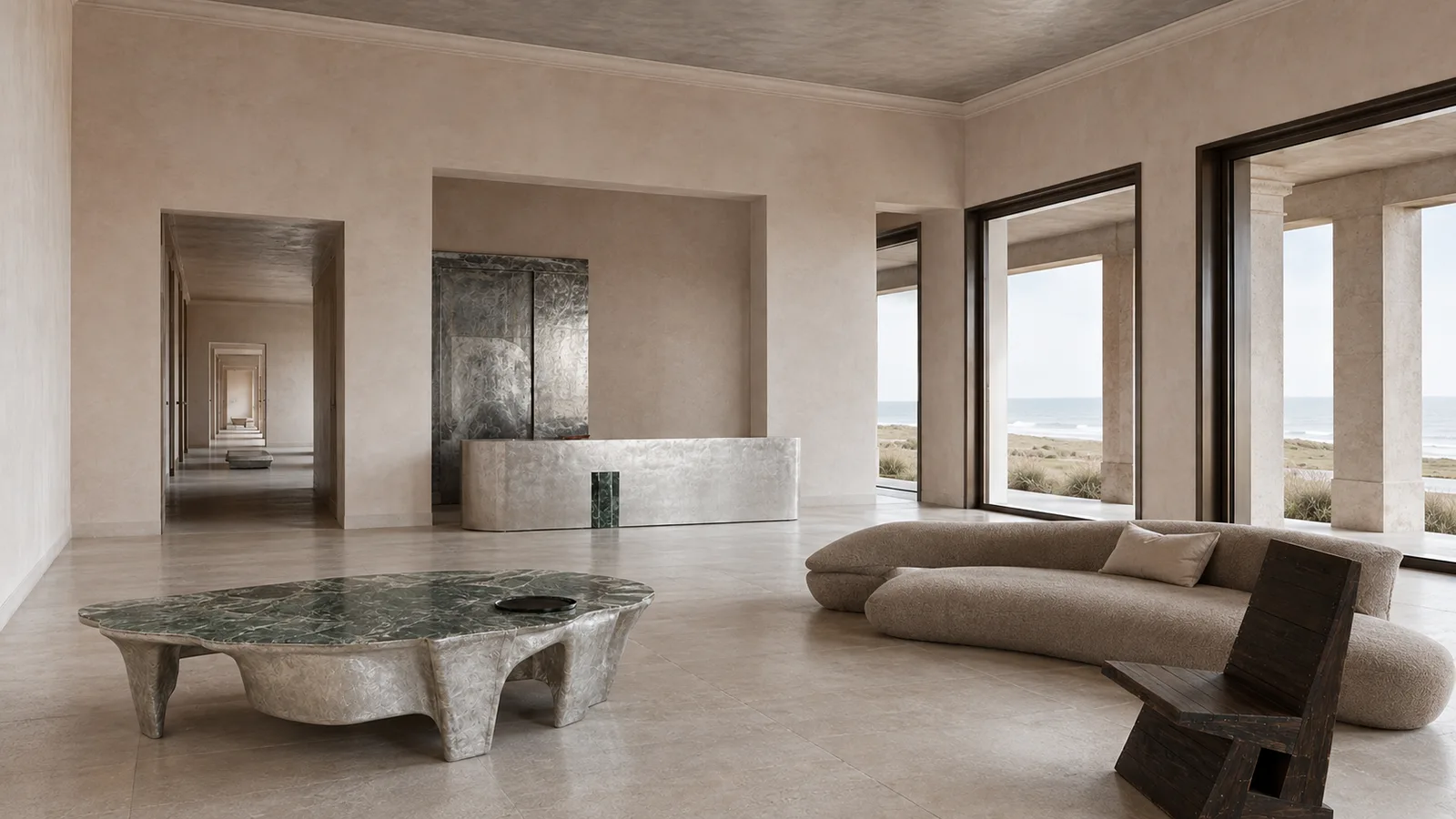 Grand salon with plaster walls, a green marble table, and tall doors opening to the sea.