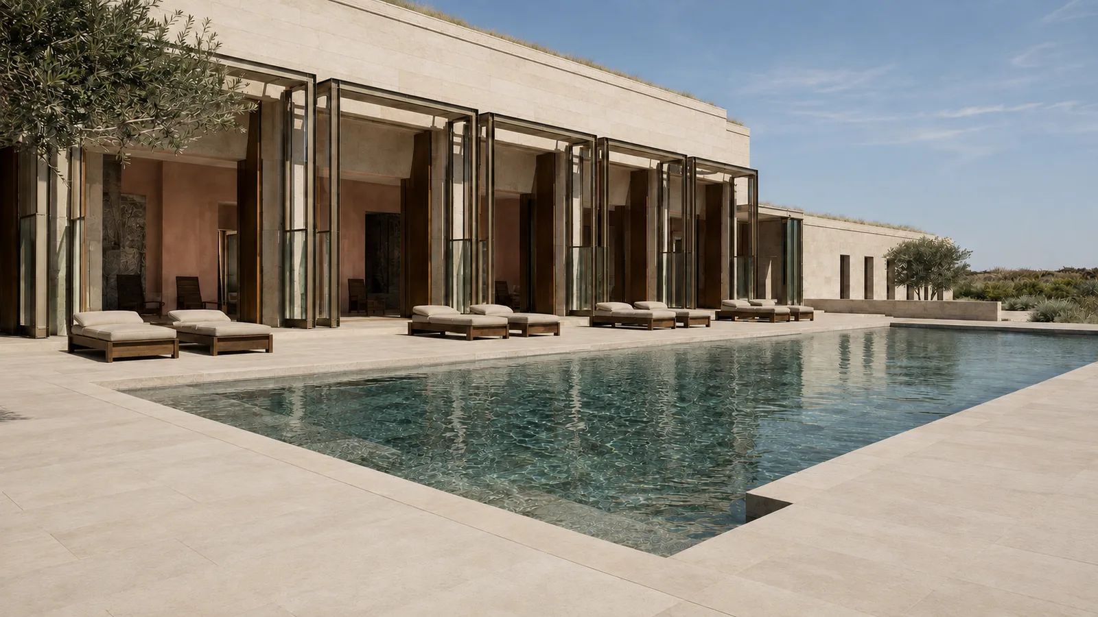 Stone terrace and long pool beside a colonnade of bronze-framed glass doors.