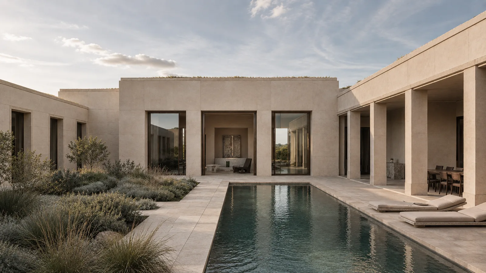Residence courtyard with a reflecting pool, stone loggia, and wild planting at dusk.