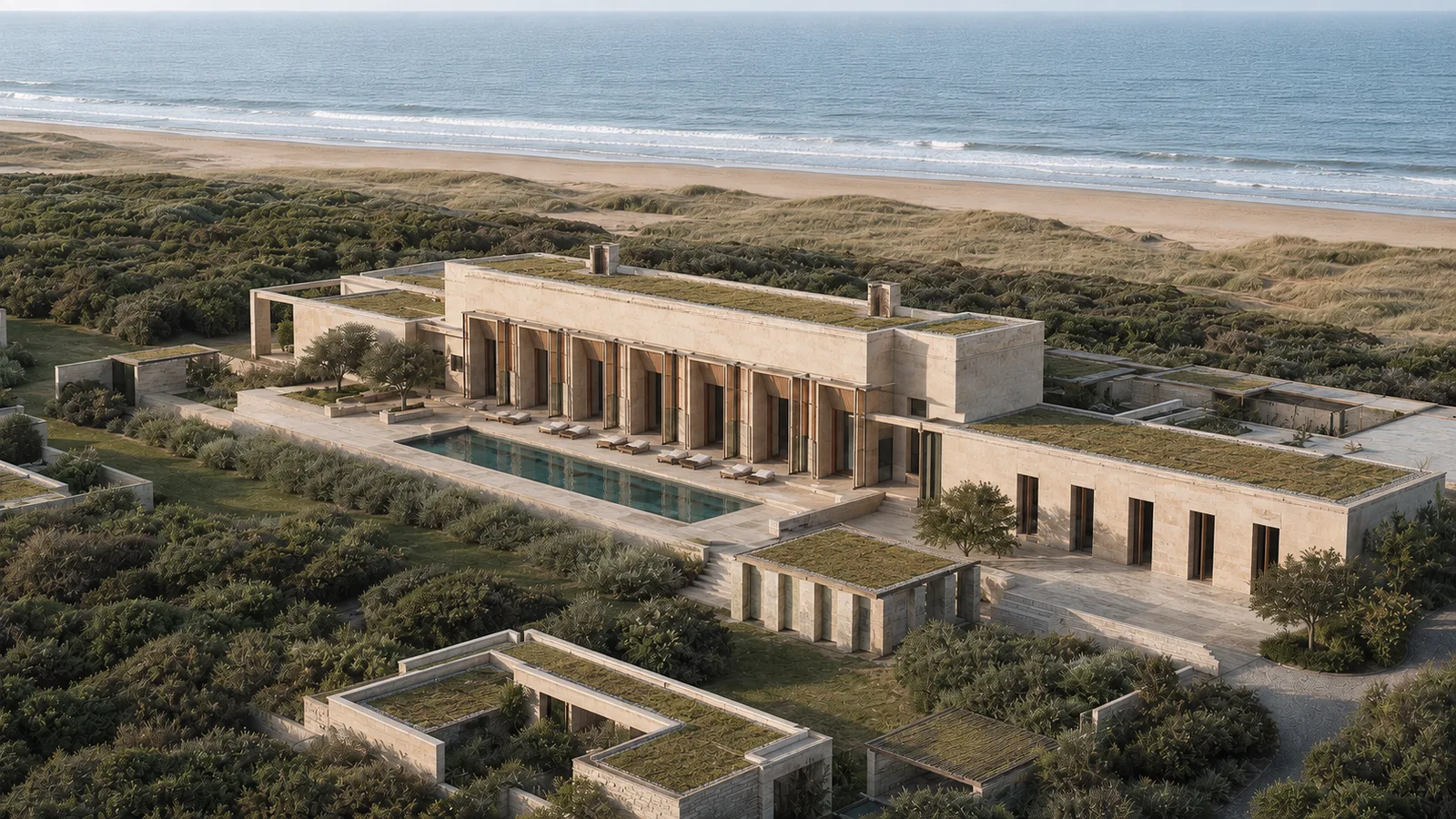 Aerial concept rendering of a stone resort with a long pool and green roofs set among dunes above a wide beach.