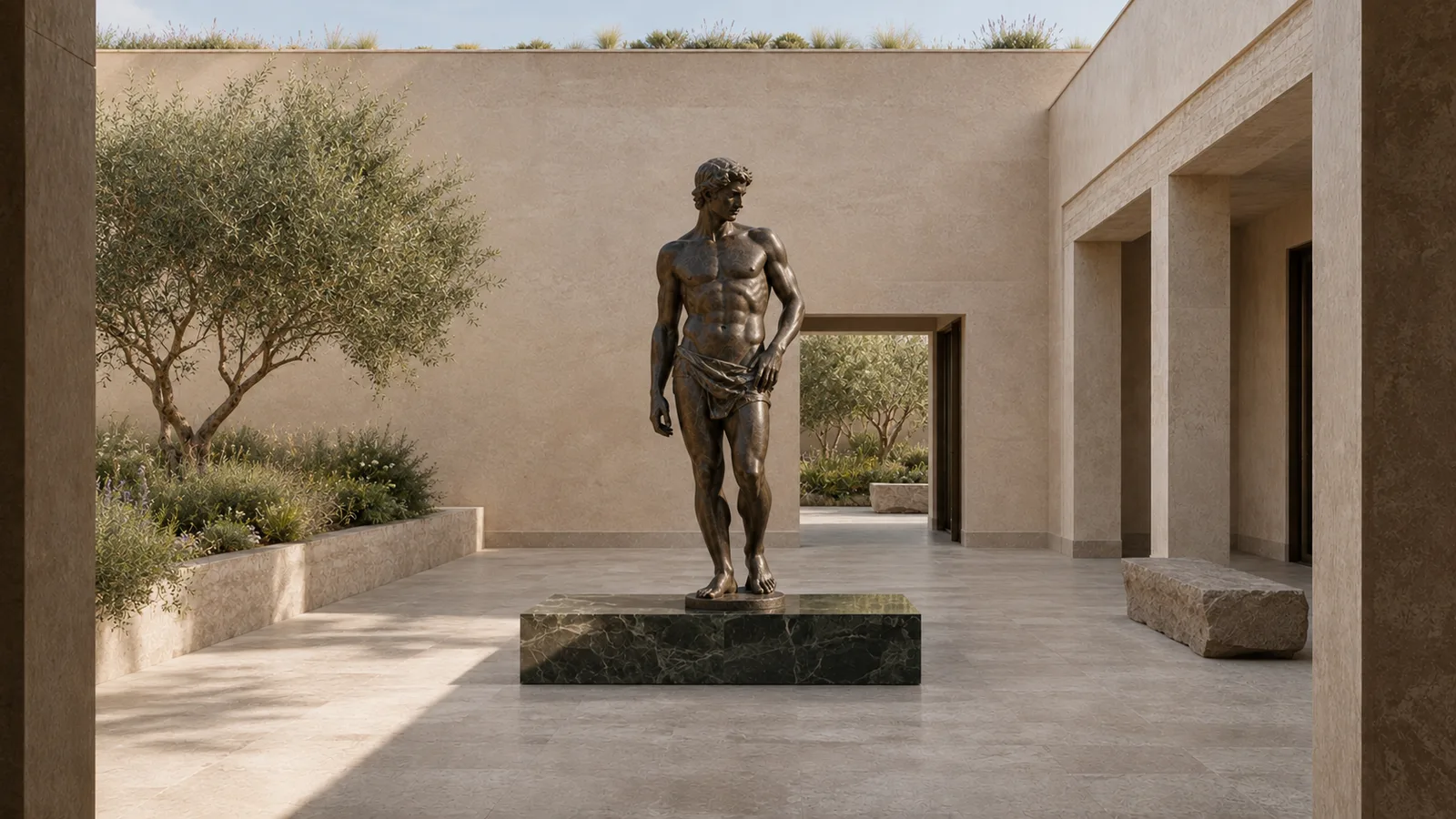 Bronze figure on a green marble plinth in a walled stone courtyard with an olive tree.