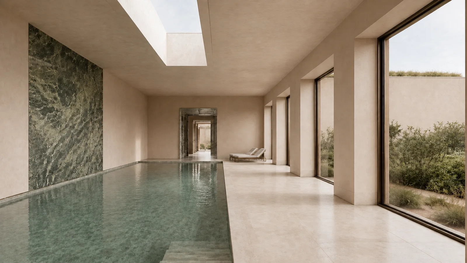 Indoor spa pool under a skylight with a green marble wall and garden windows.